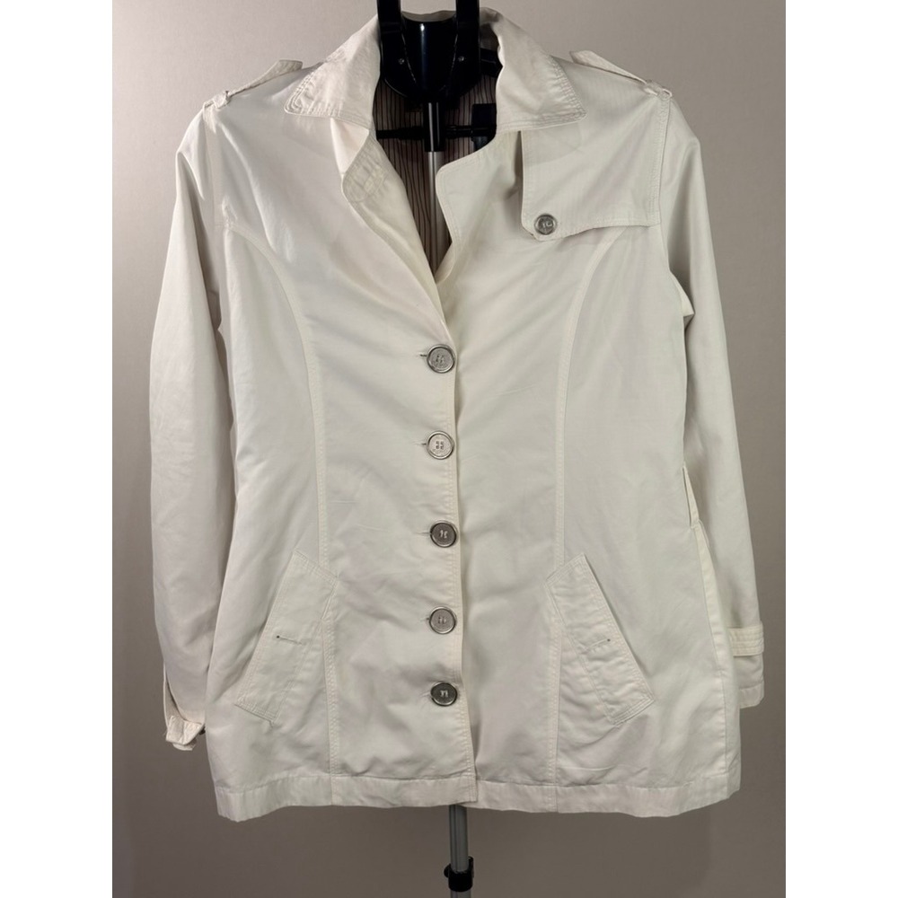 Odyn White Button Down Trench Coat Striped Lining Size M RN 114542
